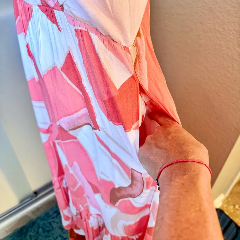 PETAL & PUP Ruffle Sleeve Vibrant Coral & White Tiered Maxi Dress